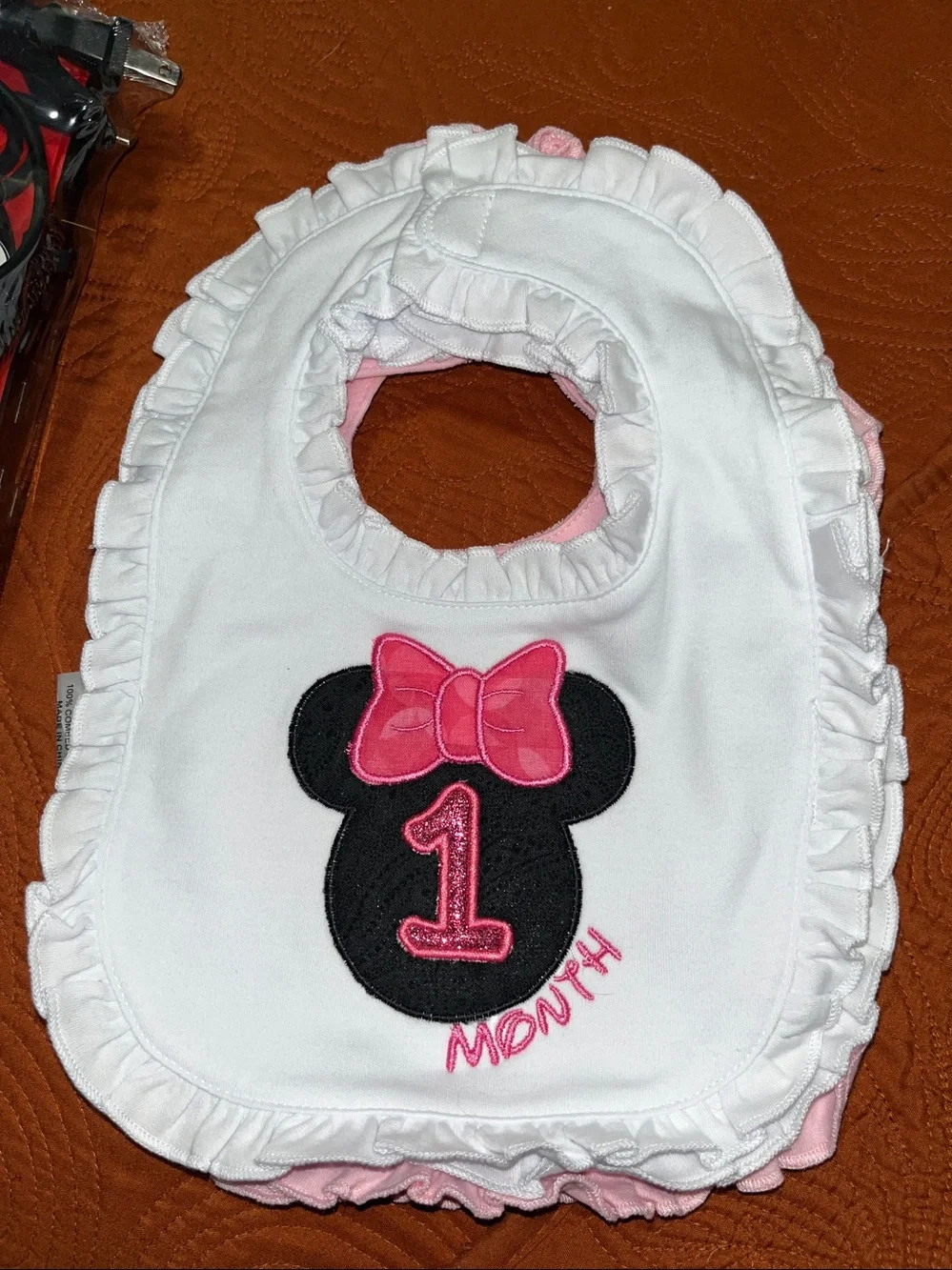 White Baby Bib with Pink Minnie Bow MONTHLY Embroidery